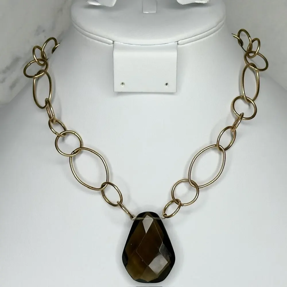 Chico's Vintage Brown Faceted Pendant on Gold Tone Chain Link Necklace